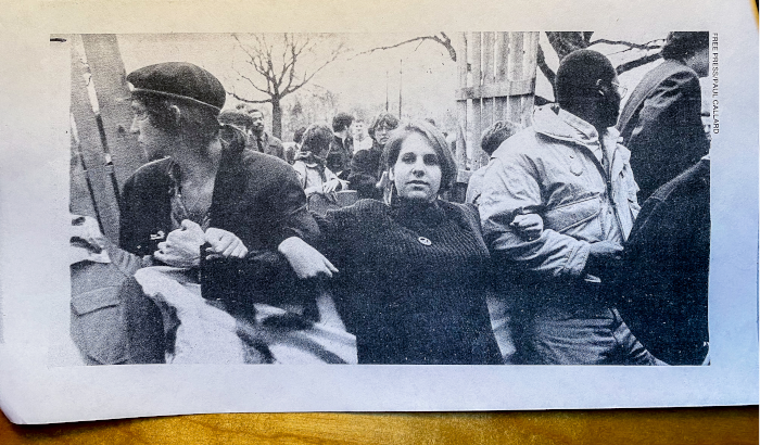 Boston University student anti-apartheid protestors in 1986. Photo of 2010 scan of a page from the April 30, 1986 edition of the Daily Free Press by Jason Pramas. Original Daily Free Press photo by Paul Callard.